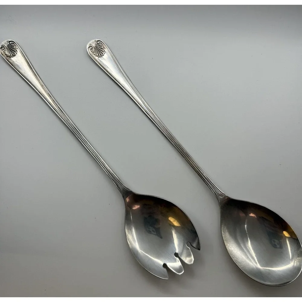 Vintage Set 2 English Silverplate Salad Serving Spoon & Fork Shell Pattern VGUC